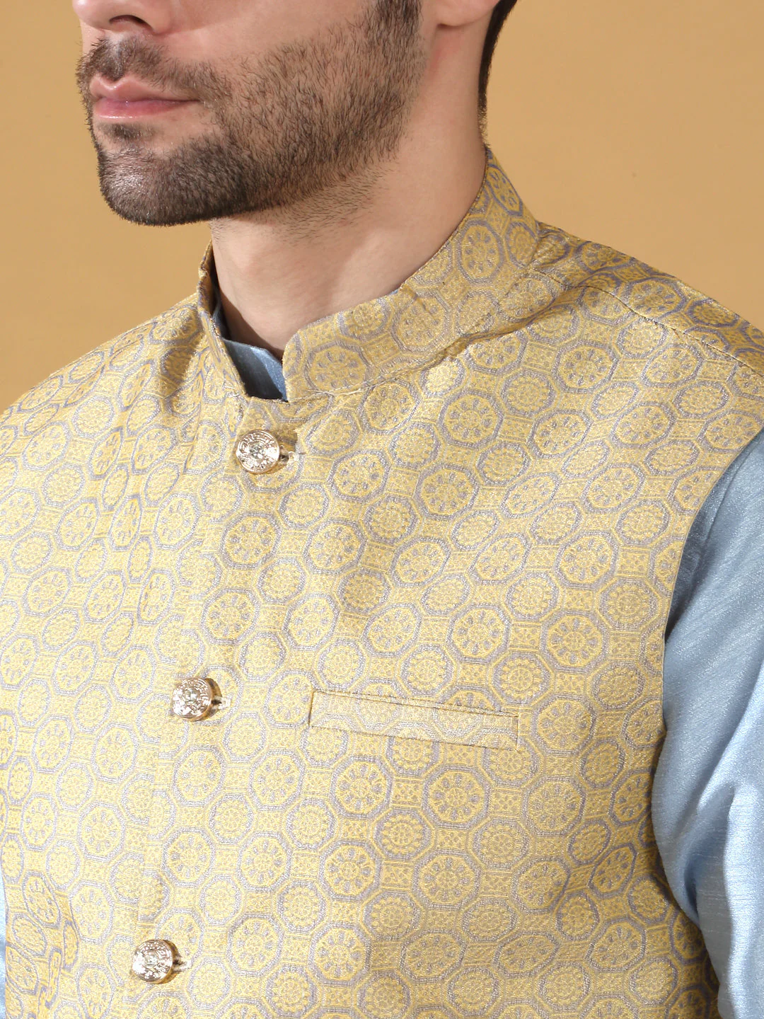 Silk Blend Jacquard Woven Geometric Sleeveless Nehru Jacket - Image 3