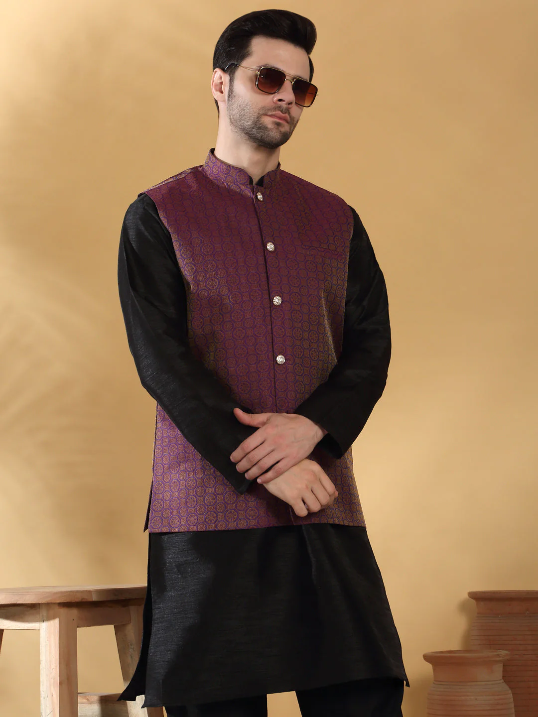 Silk Blend Jacquard Woven Geometric Sleeveless Nehru Jacket - Image 30