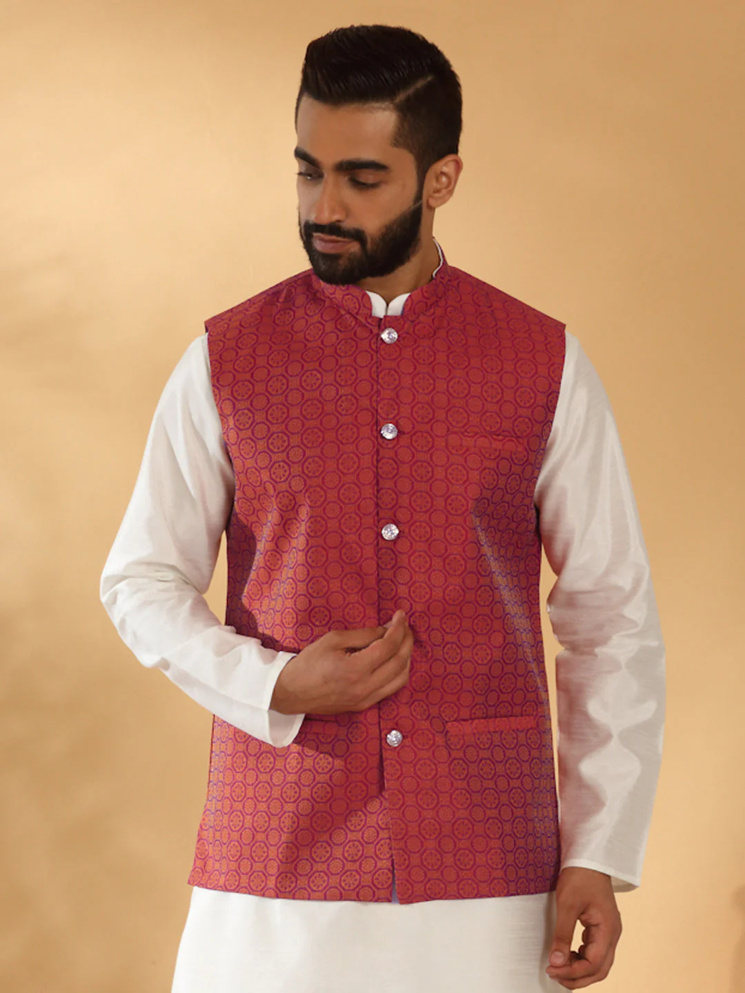 Silk Blend Jacquard Woven Geometric Sleeveless Nehru Jacket - Image 60