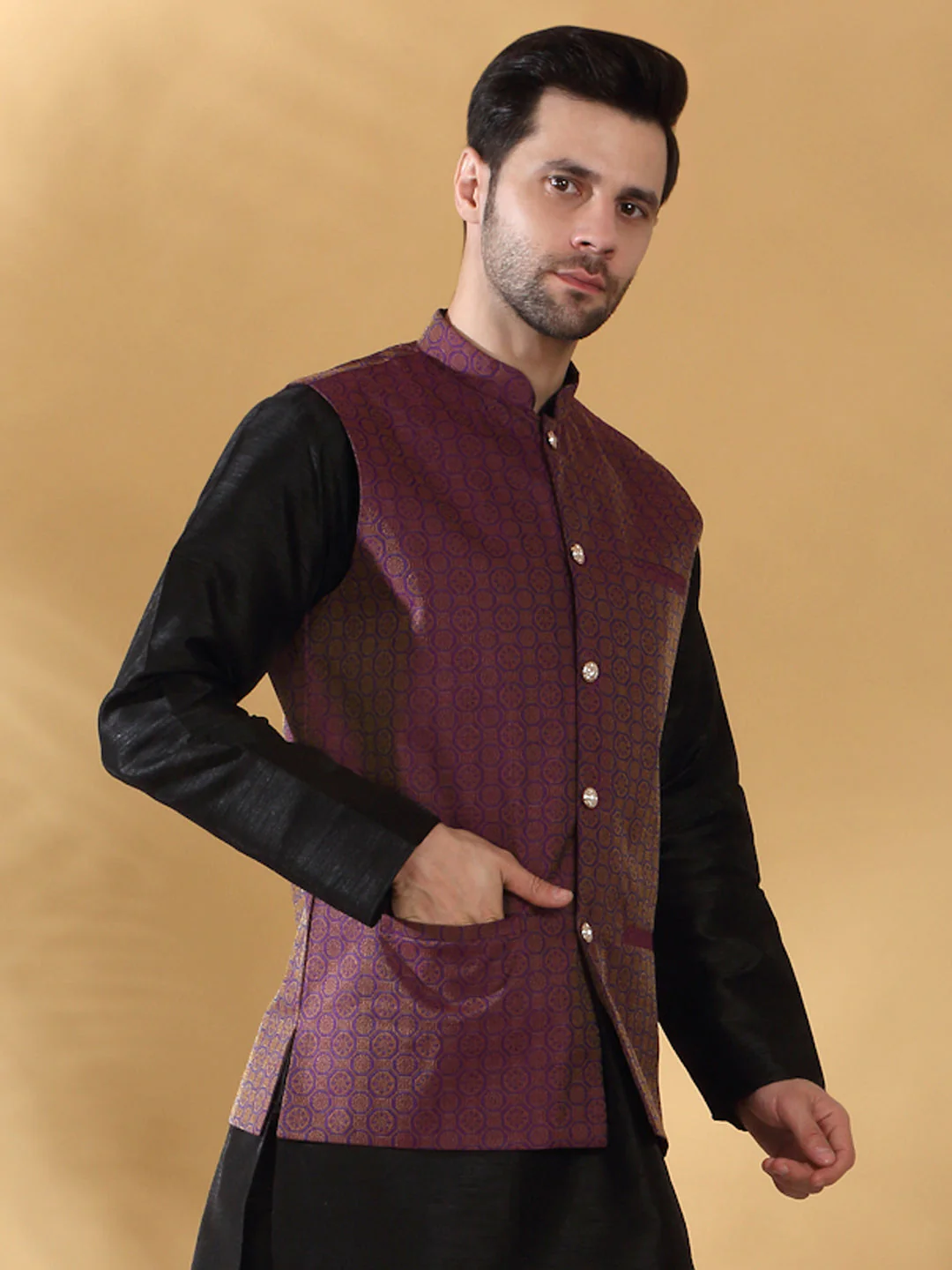 Silk Blend Jacquard Woven Geometric Sleeveless Nehru Jacket - Image 64