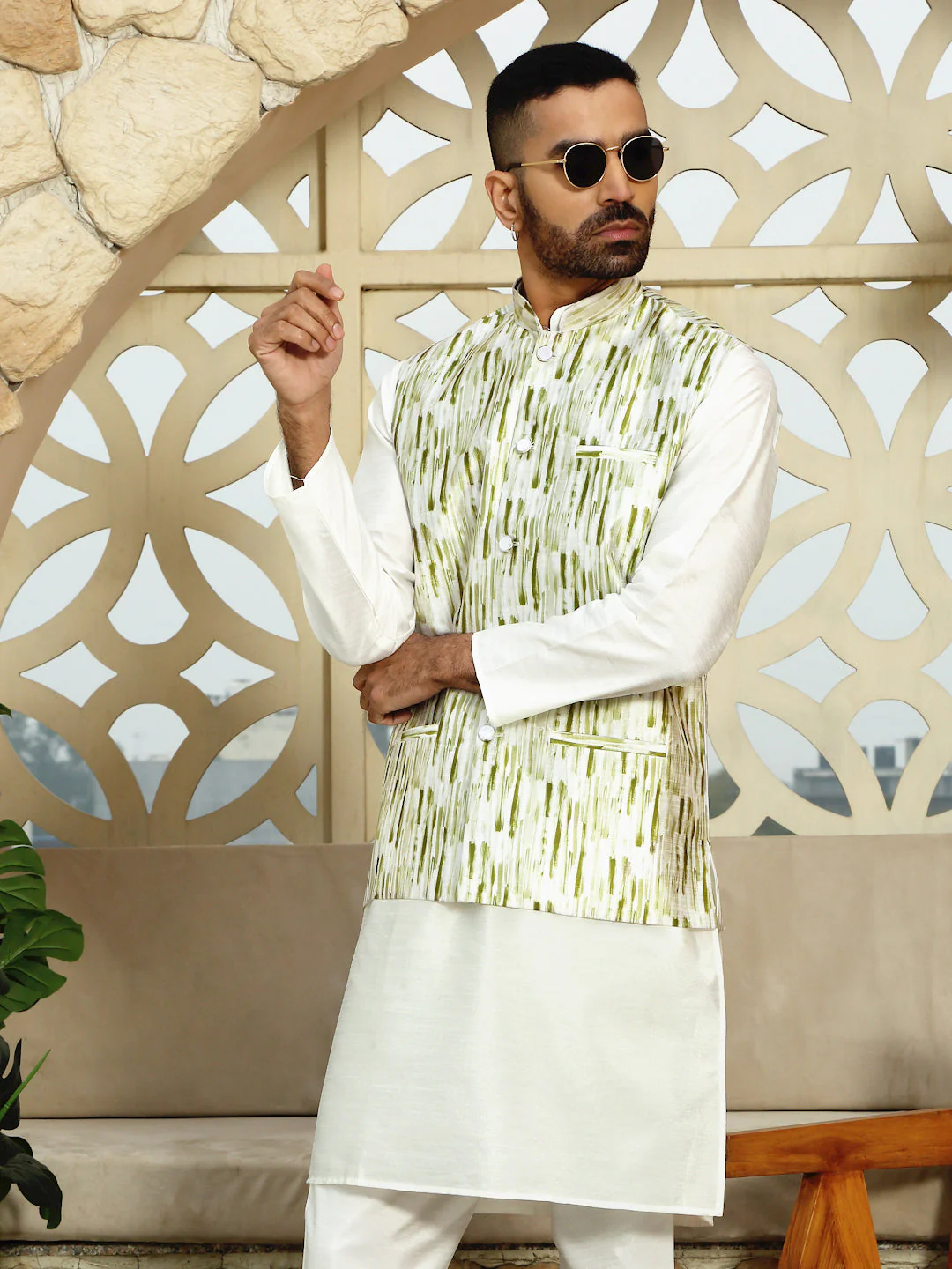 Silk Blend Printed Tie-Dye Sleeveless Nehru Jacket - Image 5