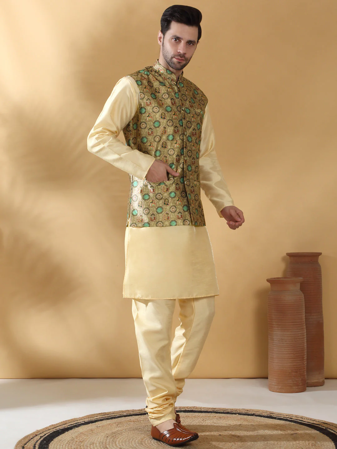 Silk Blend Solid Beige Kurta Churidar With Sleeveless Abstract printed Nehru Jacket set - Image 12