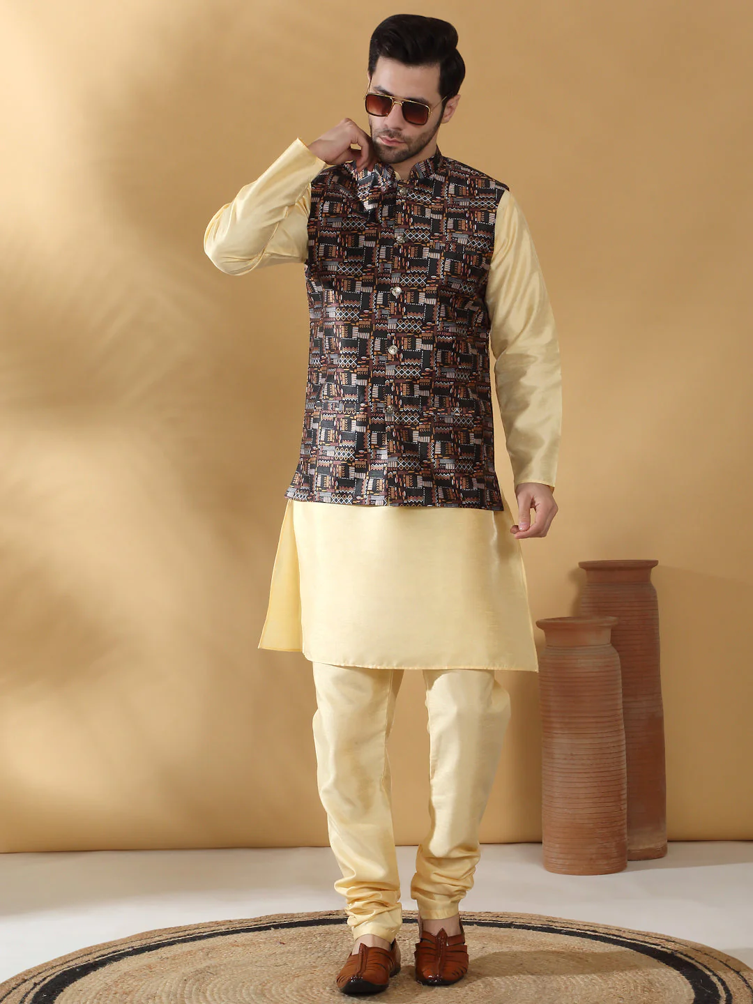Silk Blend Solid Beige Kurta Churidar With Sleeveless Abstract printed Nehru Jacket set - Image 26