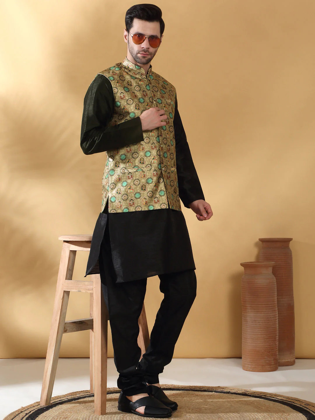 Silk Blend Solid Black Kurta Churidar With Sleeveless Abstract printed Nehru Jacket set - Image 13