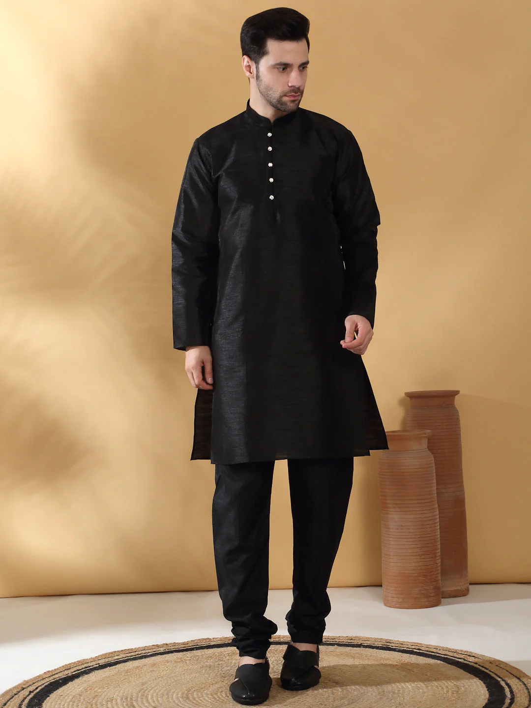 Silk Blend Solid Black Kurta Churidar With Sleeveless Abstract printed Nehru Jacket set - Image 9