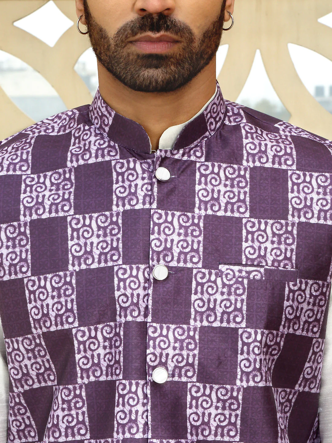 Silk Blend Solid Cream Dupion Kurta Churidar With Sleeveless Bandhani Nehru Jacket set - Image 13