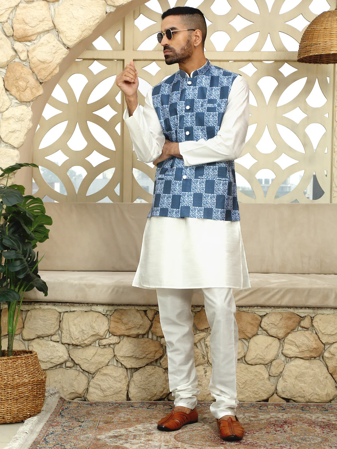 Silk Blend Solid Cream Dupion Kurta Churidar With Sleeveless Bandhani Nehru Jacket set - Image 25