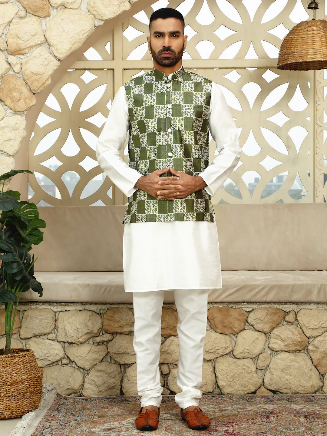 Silk Blend Solid Cream Dupion Kurta Churidar With Sleeveless Bandhani Nehru Jacket set - Image 39