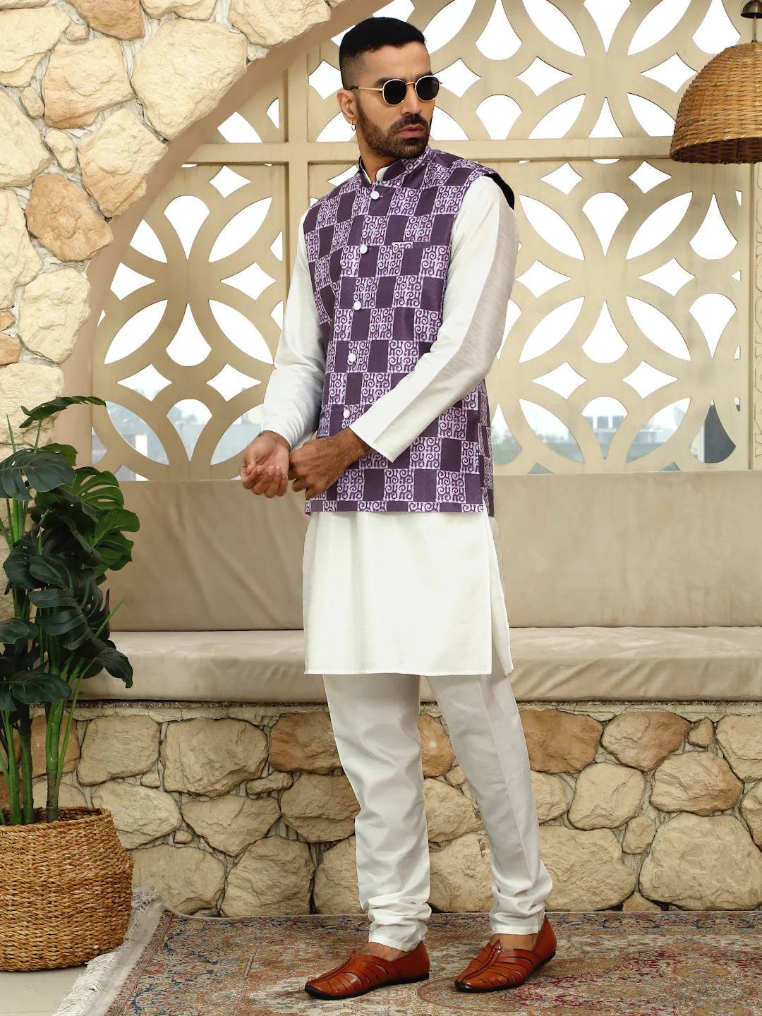 Silk Blend Solid Cream Dupion Kurta Churidar With Sleeveless Bandhani Nehru Jacket set - Image 75
