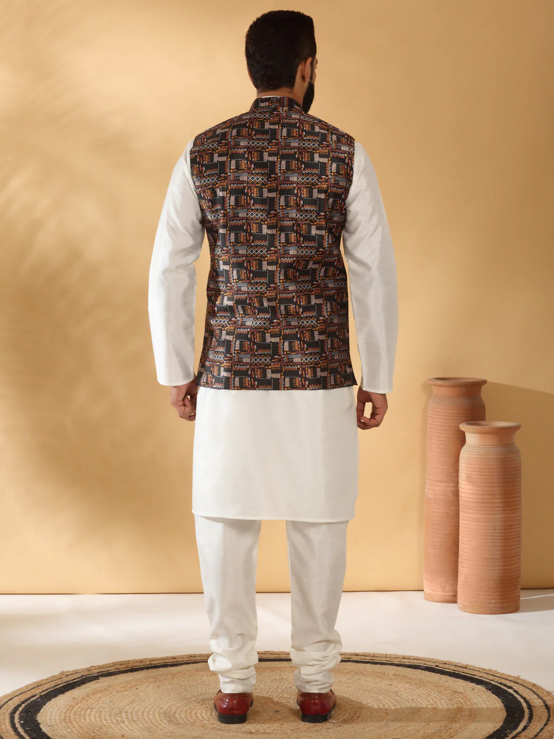 Silk Blend Solid Cream Kurta Churidar With Sleeveless Abstract printed Nehru Jacket set - Image 2