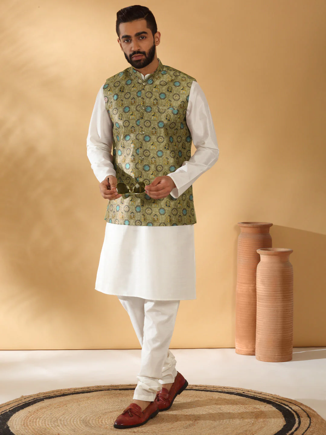 Silk Blend Solid Cream Kurta Churidar With Sleeveless Abstract printed Nehru Jacket set - Image 39