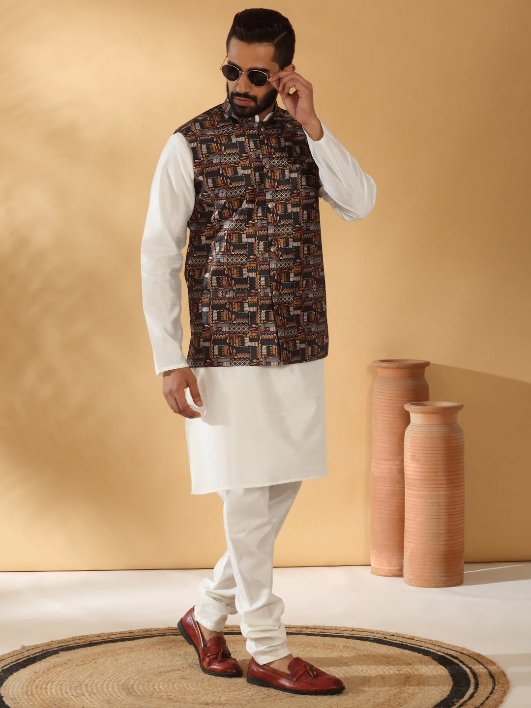 Silk Blend Solid Cream Kurta Churidar With Sleeveless Abstract printed Nehru Jacket set - Image 44