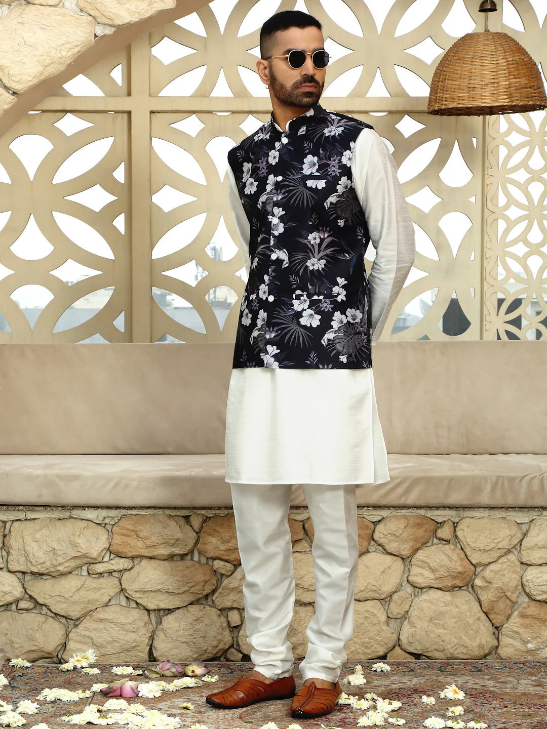 Silk Blend Solid Cream Kurta Churidar With Sleeveless Floral Printed Nehru Jacket set - Image 18
