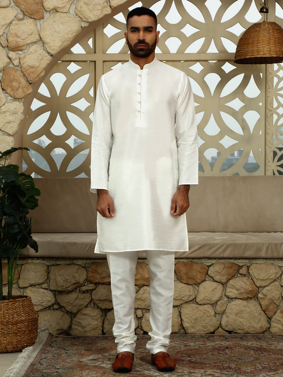 Silk Blend Solid Cream Kurta Churidar With Sleeveless Floral Printed Nehru Jacket set - Image 4