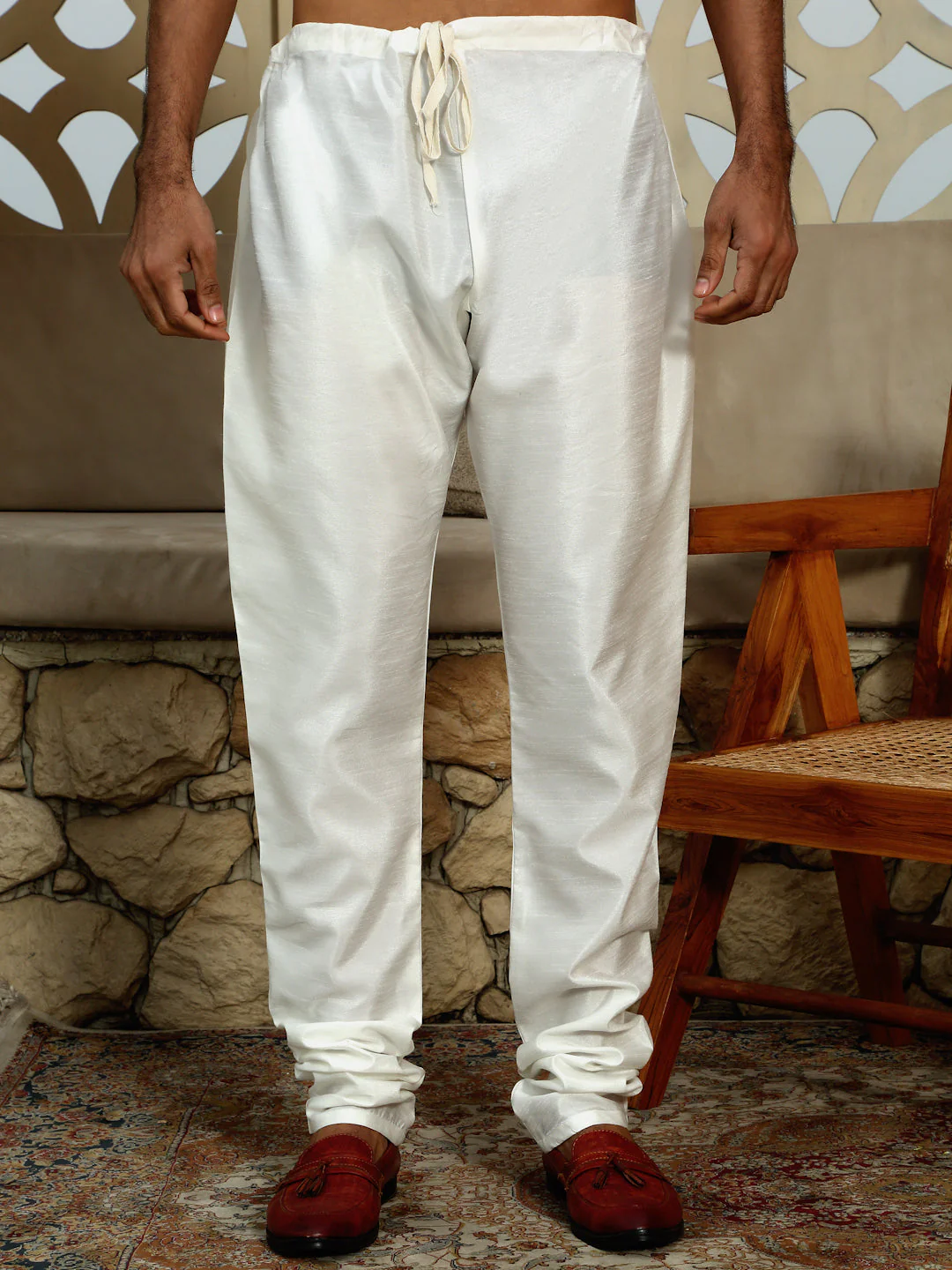 Silk Blend Solid Cream Kurta Churidar With Sleeveless Floral Printed Nehru Jacket set - Image 5