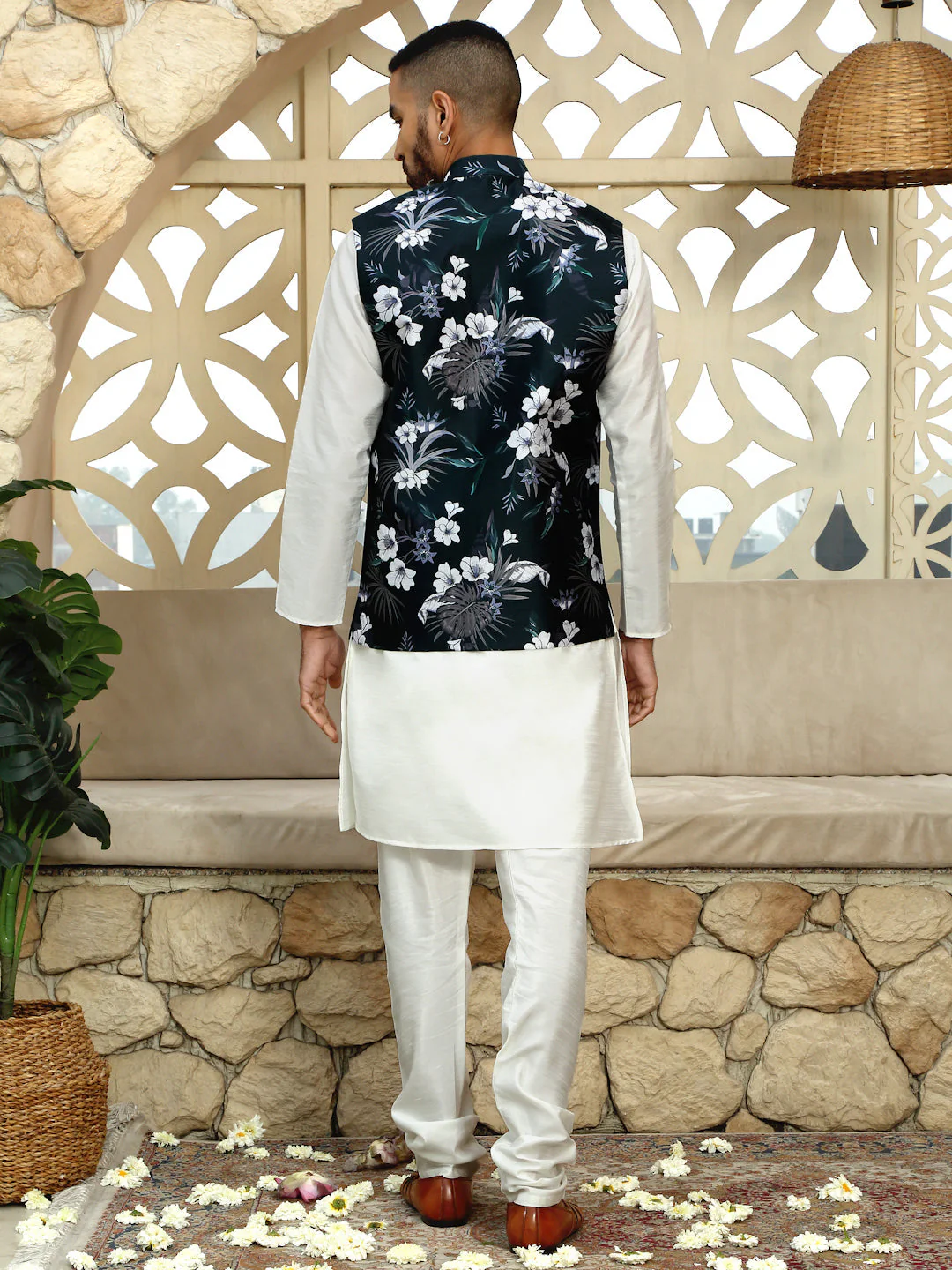 Silk Blend Solid Cream Kurta Churidar With Sleeveless Floral Printed Nehru Jacket set - Image 7