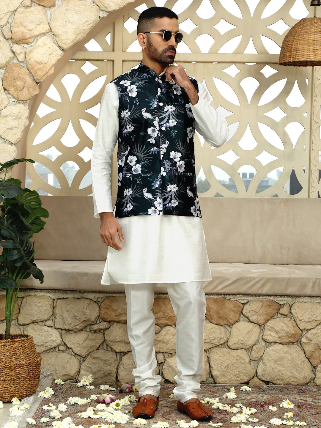 Silk Blend Solid Cream Kurta Churidar With Sleeveless Floral Printed Nehru Jacket set - Image 76