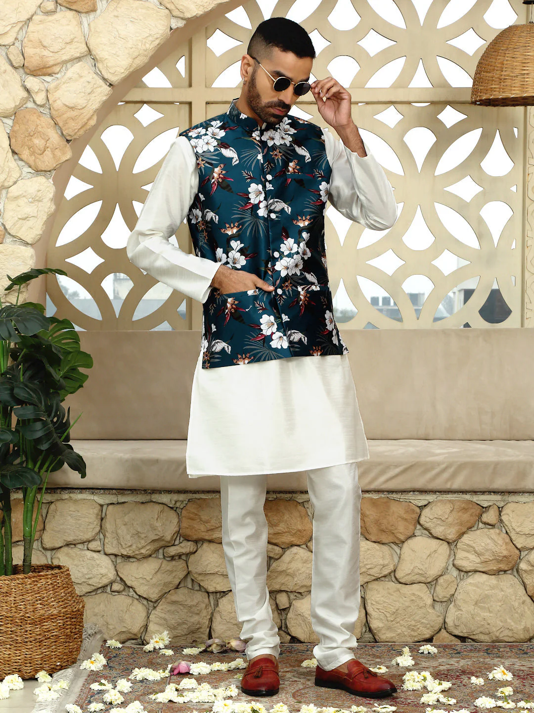 Silk Blend Solid Cream Kurta Churidar With Sleeveless Floral Printed Nehru Jacket set - Image 84