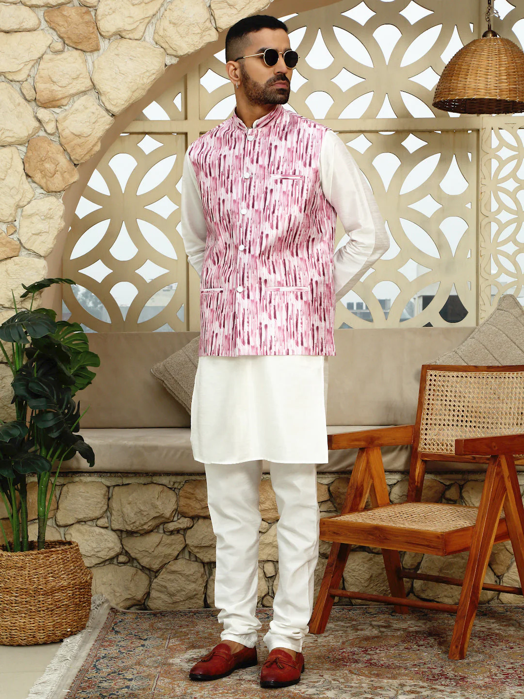 Silk Blend Solid Cream Kurta Churidar With Sleeveless tie-dye Nehru Jacket set - Image 110