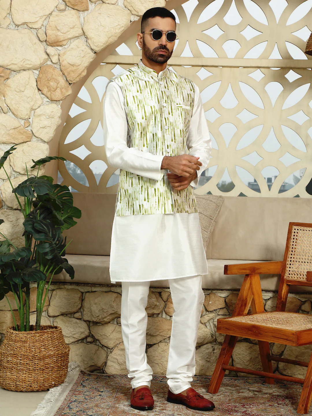 Silk Blend Solid Cream Kurta Churidar With Sleeveless tie-dye Nehru Jacket set - Image 167
