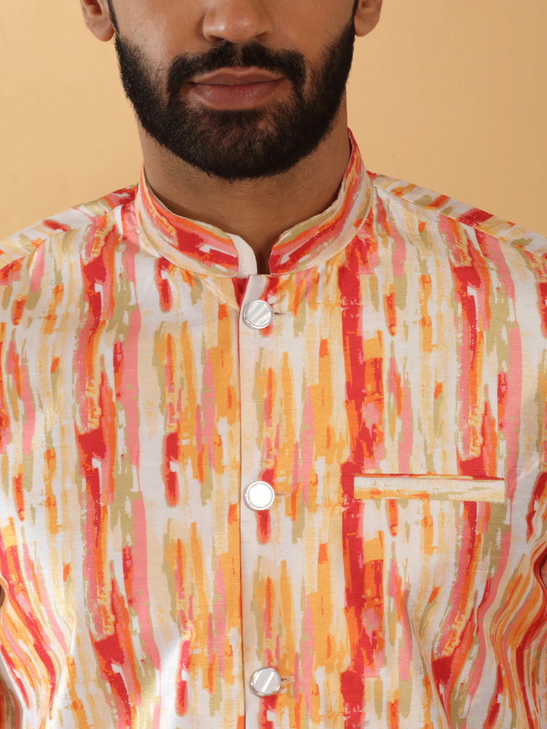 Silk Blend Solid Cream Kurta Churidar With Sleeveless tie-dye Nehru Jacket set - Image 18