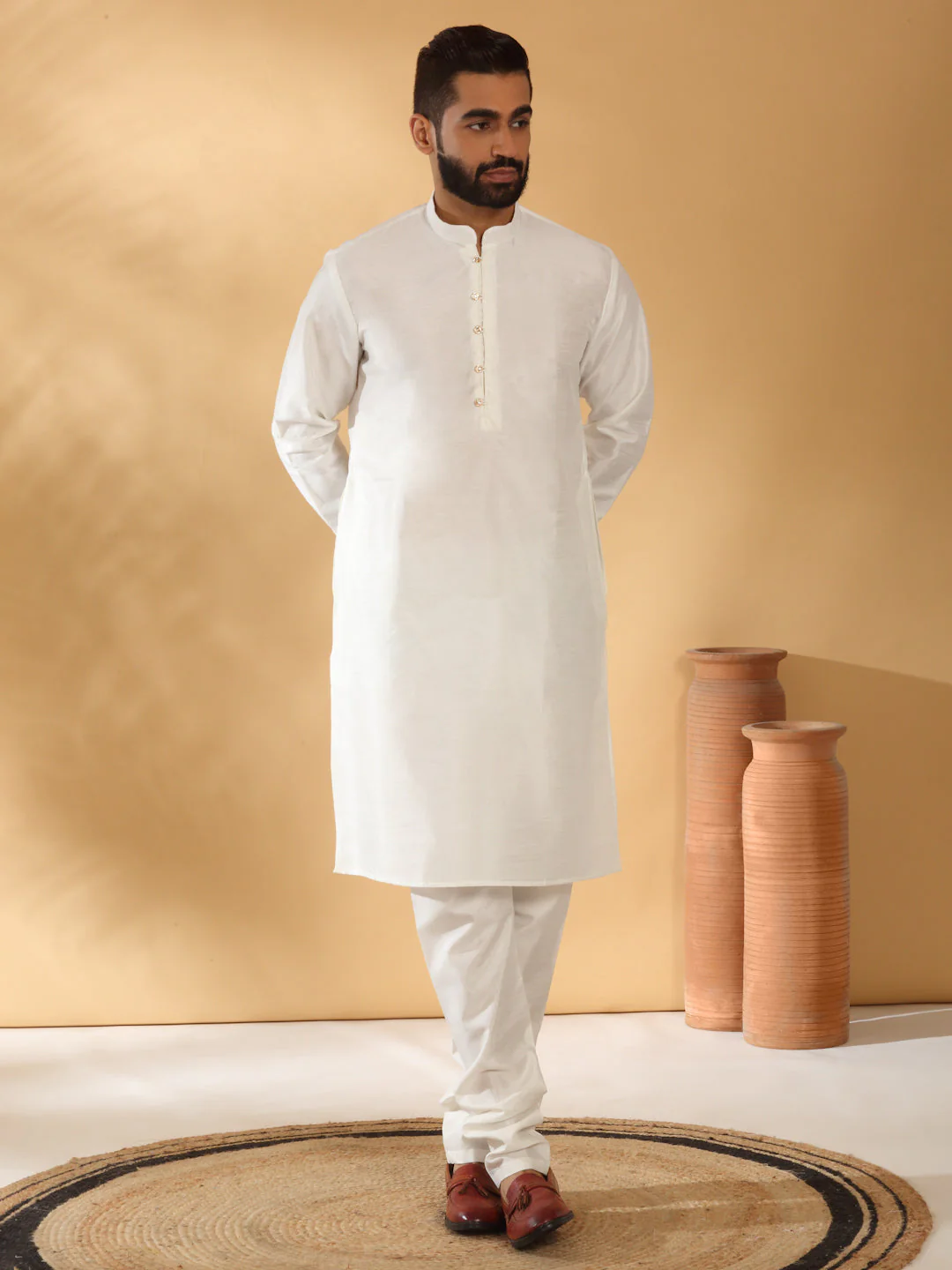 Silk Blend Solid Cream Kurta Churidar With Sleeveless tie-dye Nehru Jacket set - Image 19