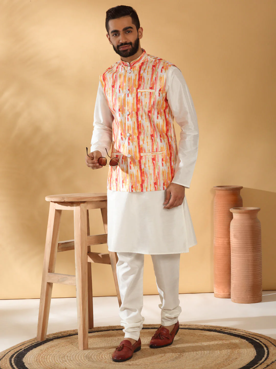 Silk Blend Solid Cream Kurta Churidar With Sleeveless tie-dye Nehru Jacket set - Image 228