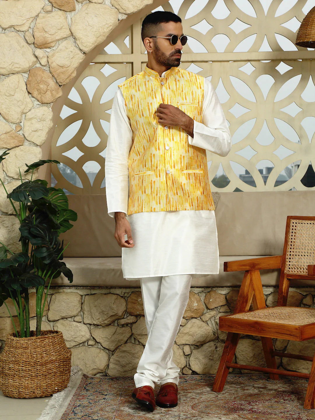 Silk Blend Solid Cream Kurta Churidar With Sleeveless tie-dye Nehru Jacket set - Image 95