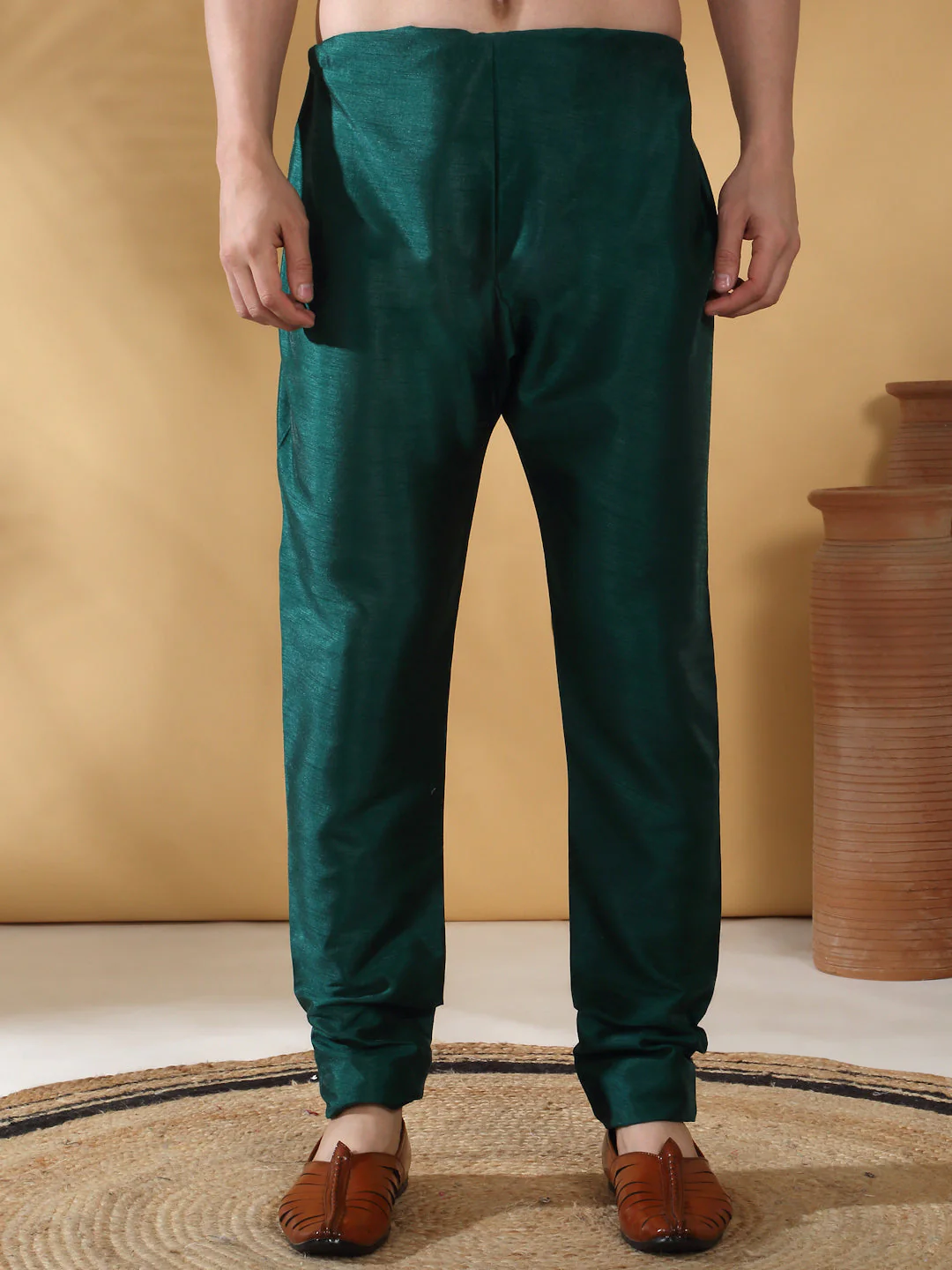 Silk Blend Solid Green Kurta Churidar With Sleeveless Abstract printed Nehru Jacket set - Image 5