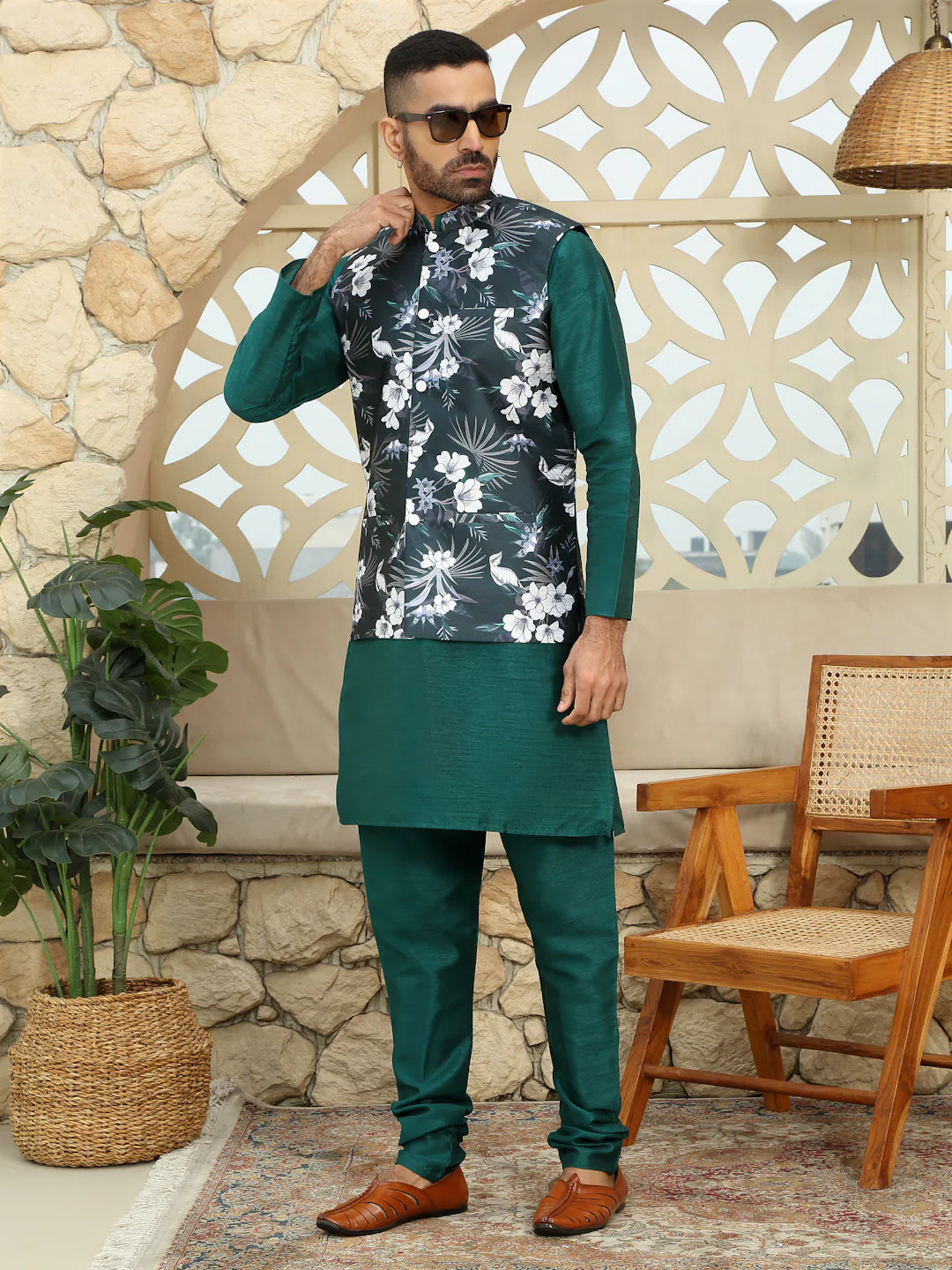 Silk Blend Solid Green Kurta Churidar With Sleeveless Floral Printed Nehru Jacket set