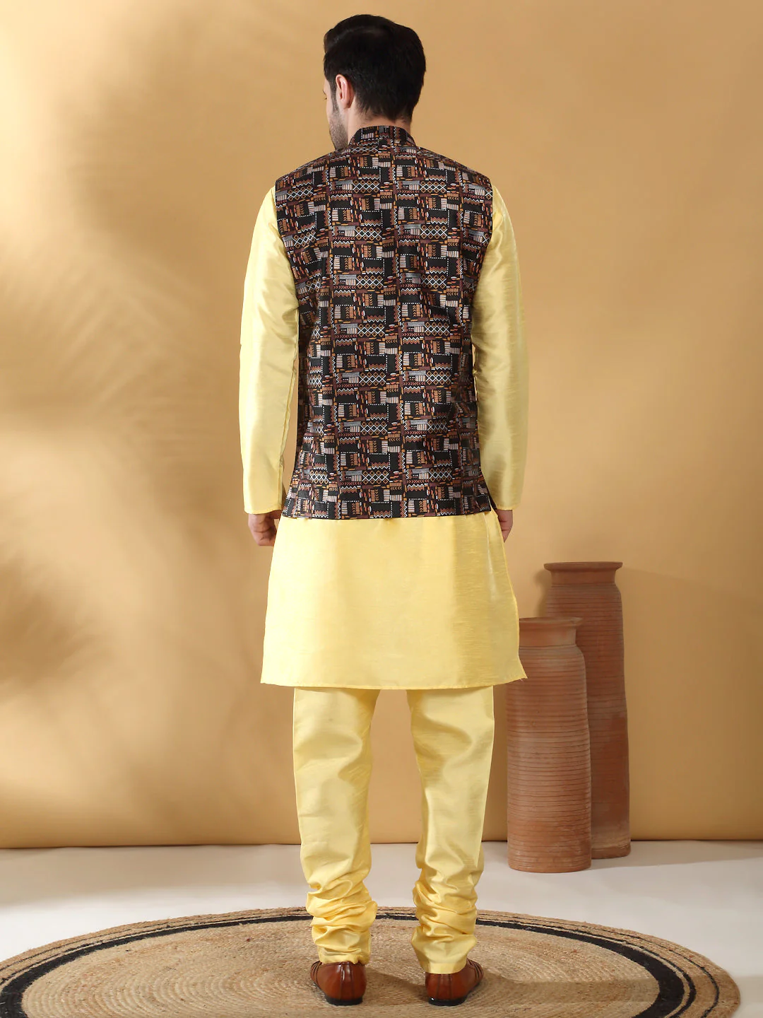 Silk Blend Solid Lime Yellow Kurta Churidar With Sleeveless Abstract printed Nehru Jacket set - Image 2