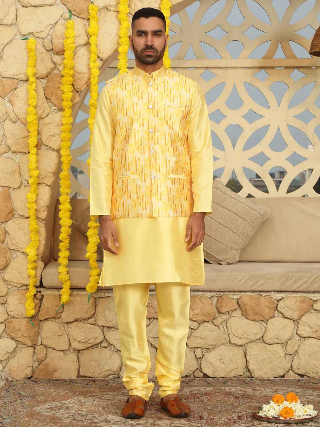 Silk Blend Solid Lime Yellow Kurta Churidar With Sleeveless tie-dye Nehru Jacket set