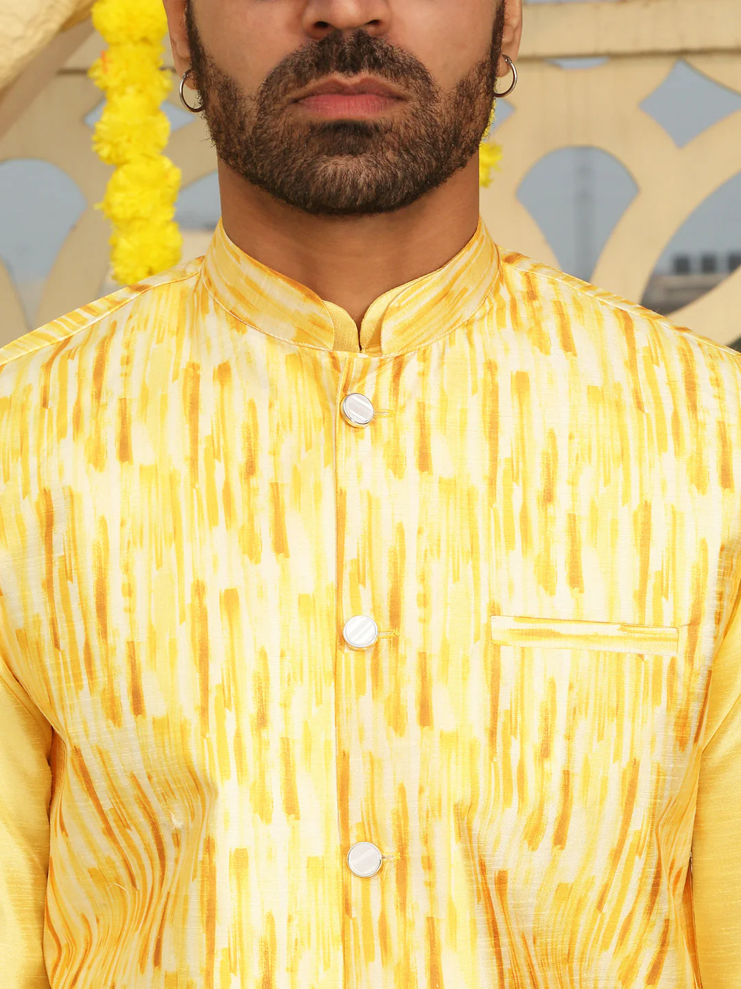 Silk Blend Solid Lime Yellow Kurta Churidar With Sleeveless tie-dye Nehru Jacket set - Image 3