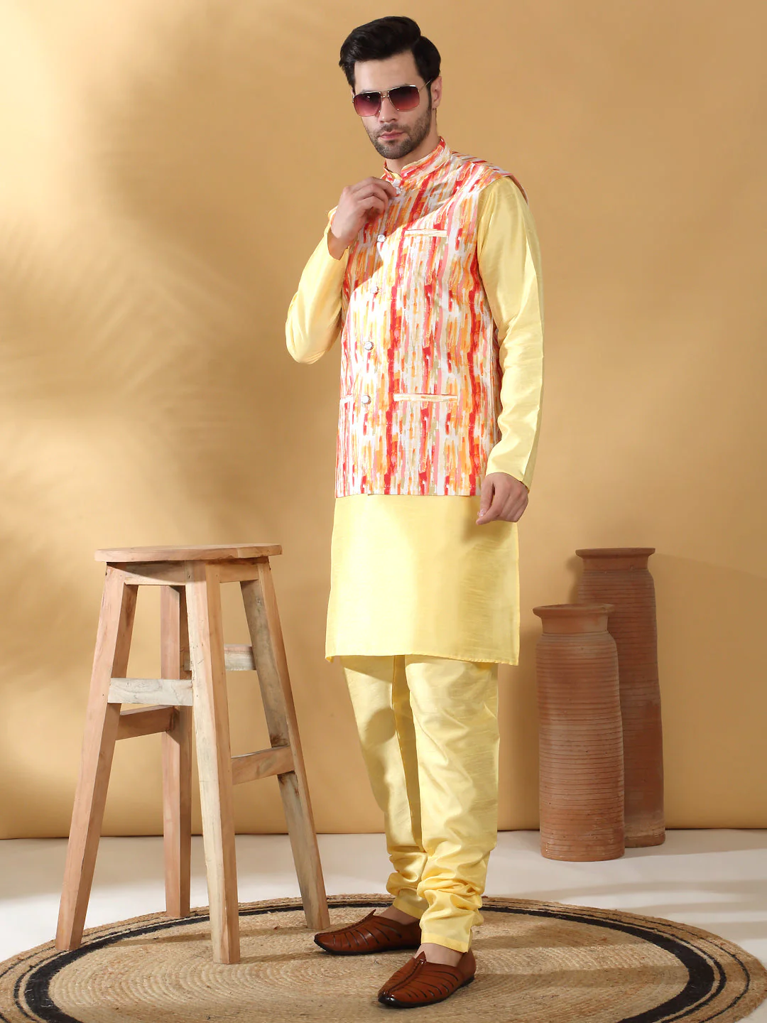 Silk Blend Solid Lime Yellow Kurta Churidar With Sleeveless tie-dye Nehru Jacket set - Image 44
