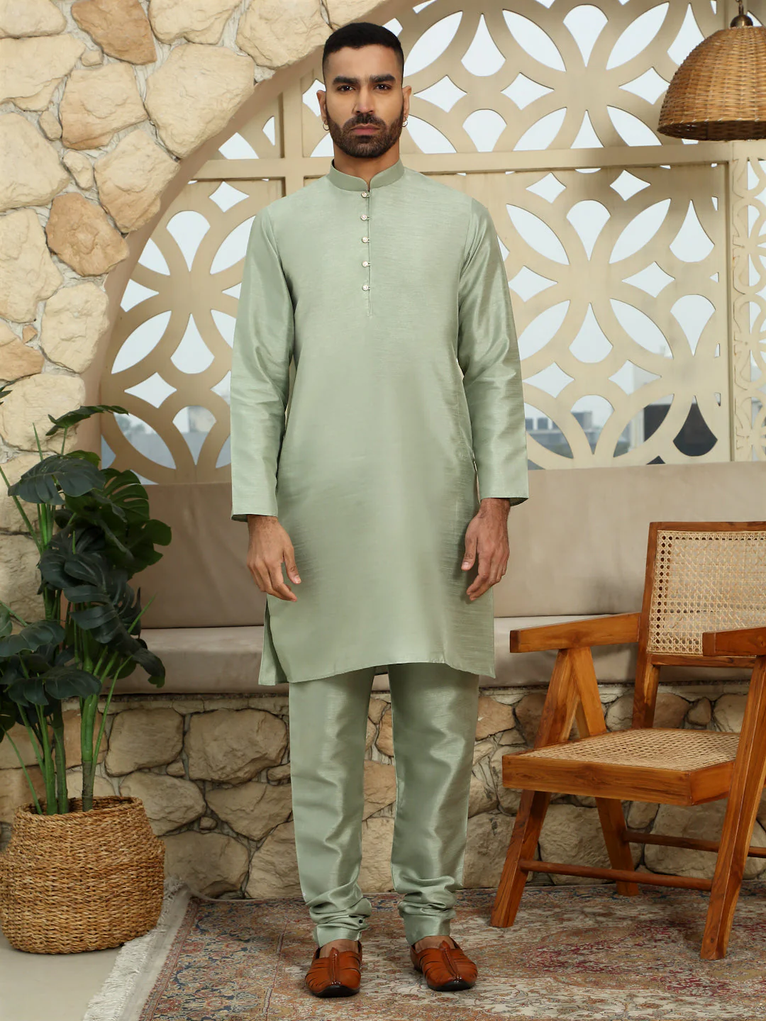 Silk Blend Solid Olive Dupion Kurta Churidar With Sleeveless Bandhani Nehru Jacket set - Image 4