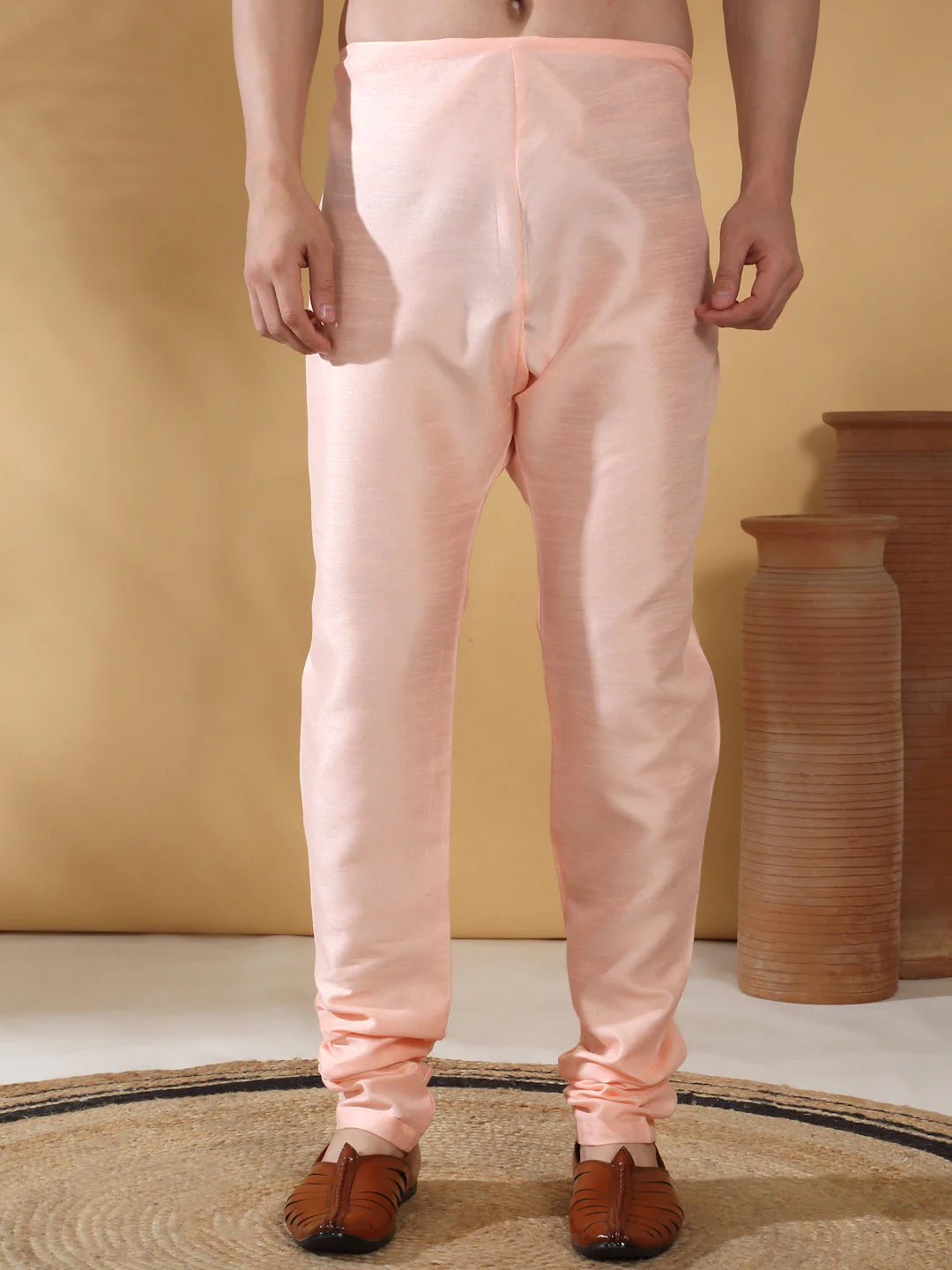 Silk Blend Solid Peach Kurta Churidar With Sleeveless tie-dye Nehru Jacket set - Image 5