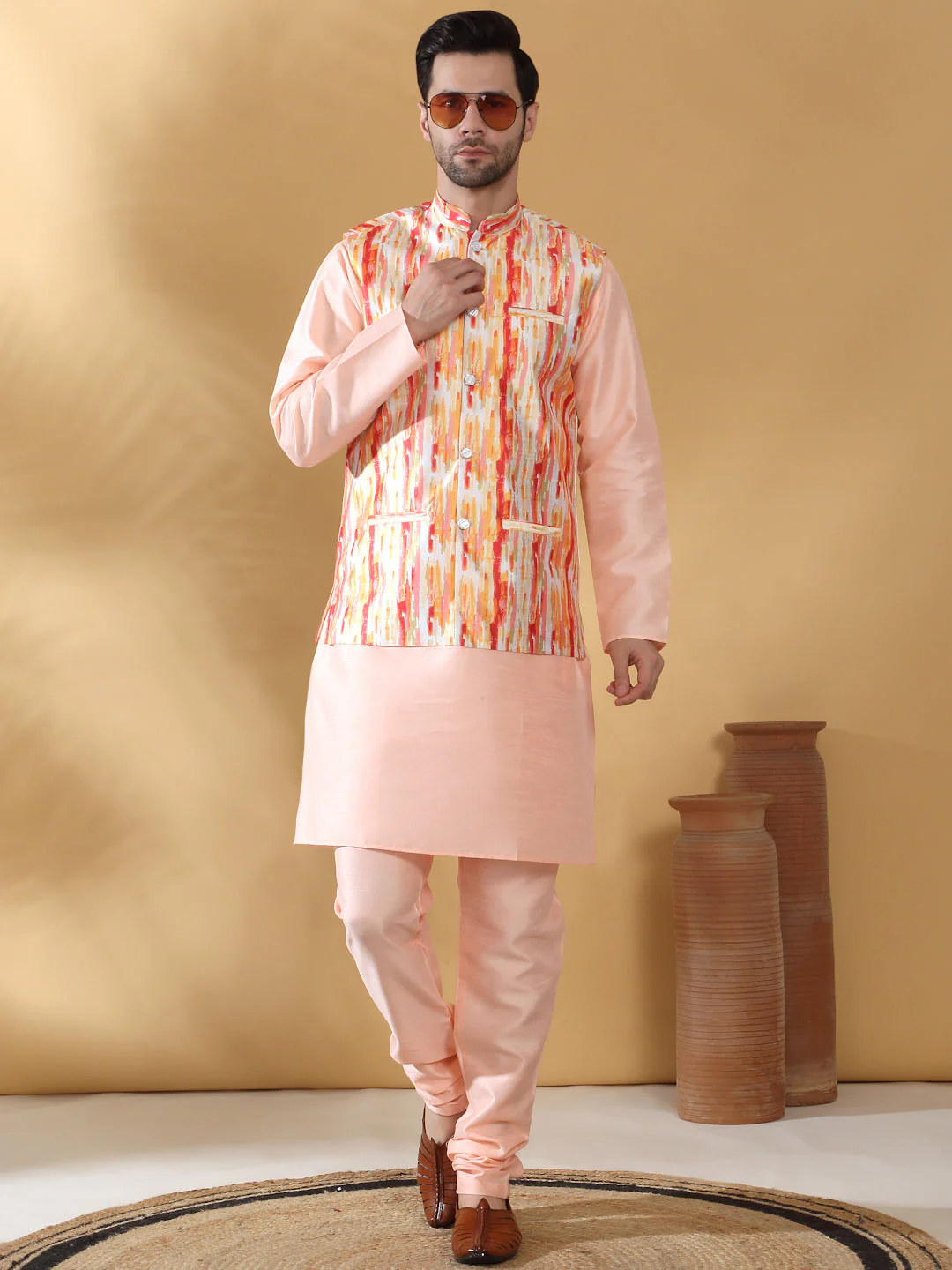Silk Blend Solid Peach Kurta Churidar With Sleeveless tie-dye Nehru Jacket set - Image 7
