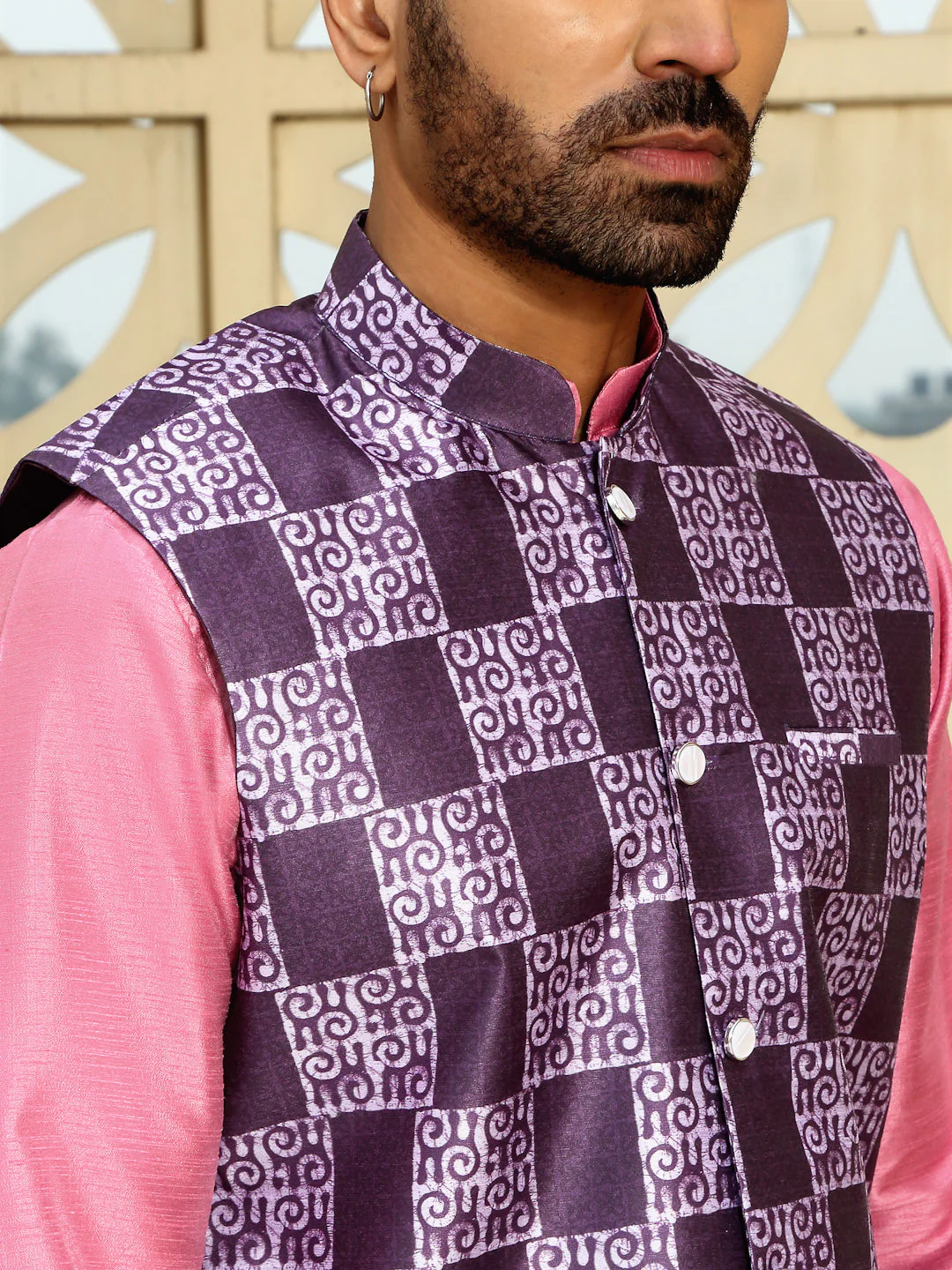 Silk Blend Solid Pink Dupion Kurta Churidar With Sleeveless Bandhani Nehru Jacket set - Image 3
