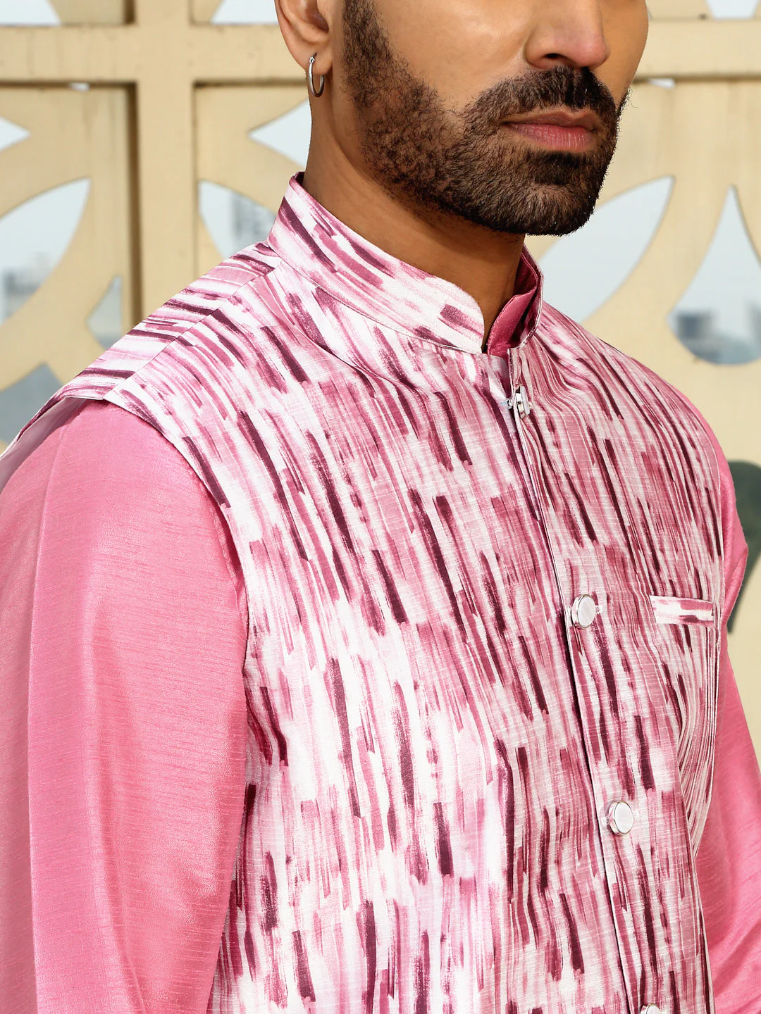 Silk Blend Solid Pink Kurta Churidar With Sleeveless tie-dye Nehru Jacket set - Image 3
