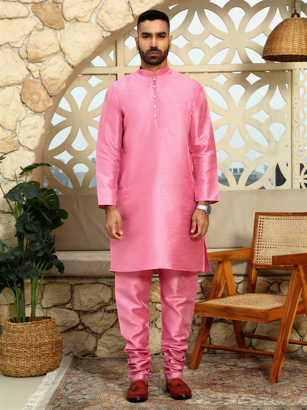 Silk Blend Solid Pink Kurta Churidar With Sleeveless tie-dye Nehru Jacket set - Image 4