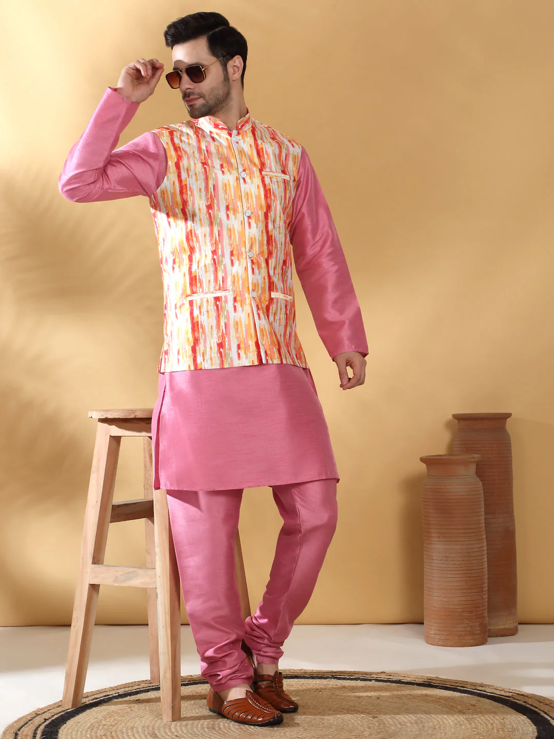 Silk Blend Solid Pink Kurta Churidar With Sleeveless tie-dye Nehru Jacket set - Image 5