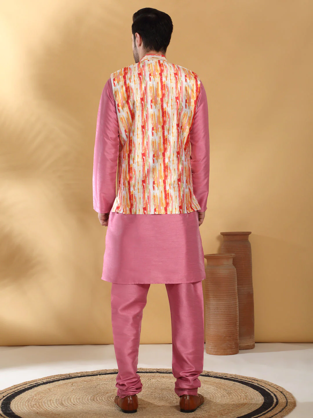 Silk Blend Solid Pink Kurta Churidar With Sleeveless tie-dye Nehru Jacket set - Image 6