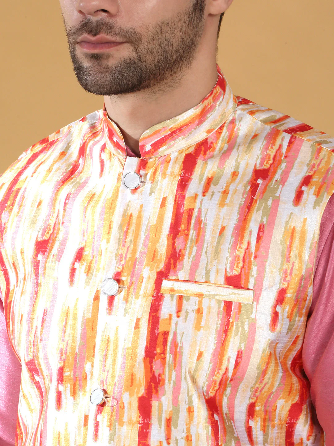 Silk Blend Solid Pink Kurta Churidar With Sleeveless tie-dye Nehru Jacket set - Image 7