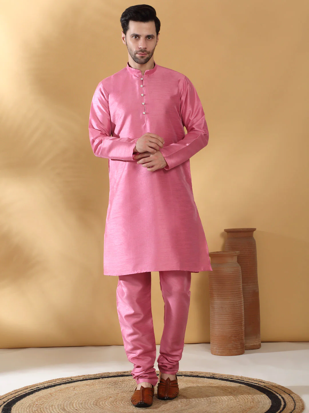 Silk Blend Solid Pink Kurta Churidar With Sleeveless tie-dye Nehru Jacket set - Image 8