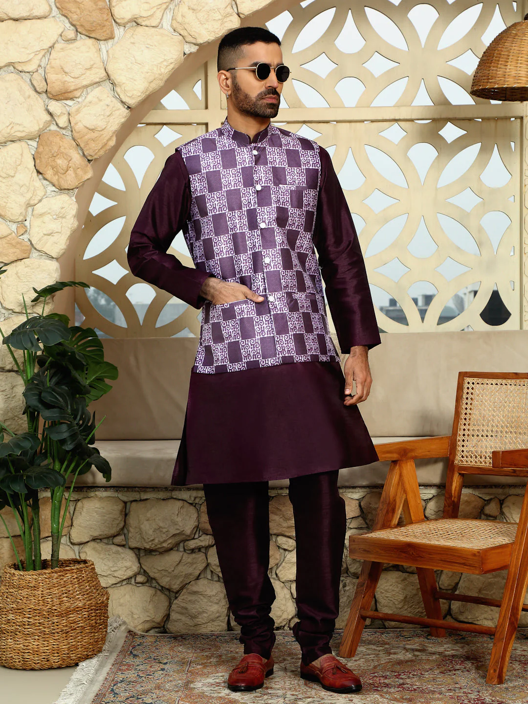 Silk Blend Solid Purple Dupion Kurta Churidar With Sleeveless Bandhani Nehru Jacket set - Image 11