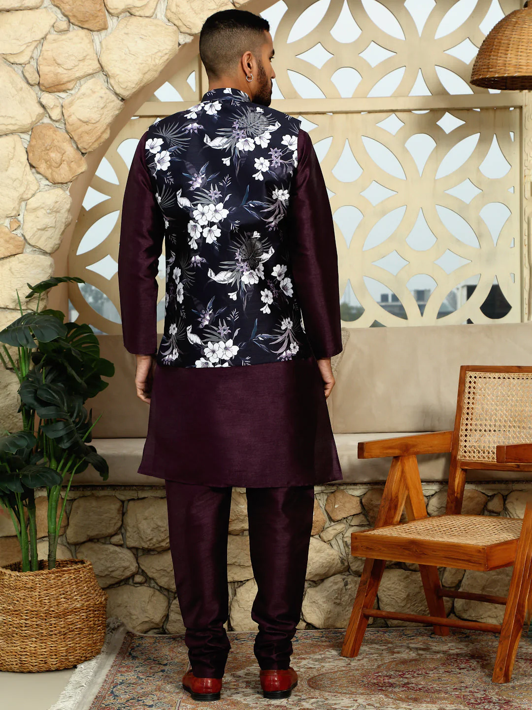 Silk Blend Solid Purple Kurta Churidar With Sleeveless Floral Printed Nehru Jacket set - Image 2