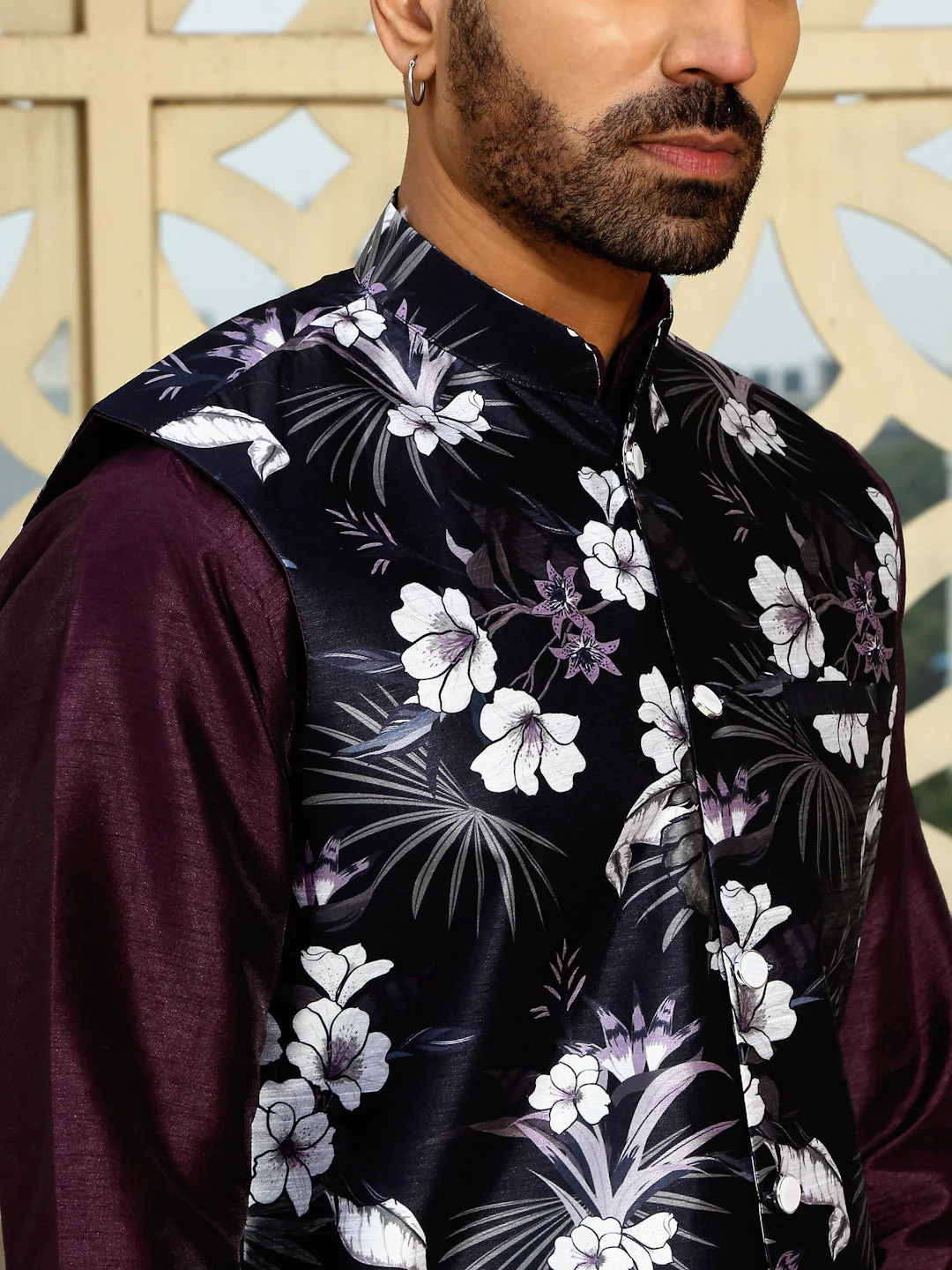 Silk Blend Solid Purple Kurta Churidar With Sleeveless Floral Printed Nehru Jacket set - Image 3