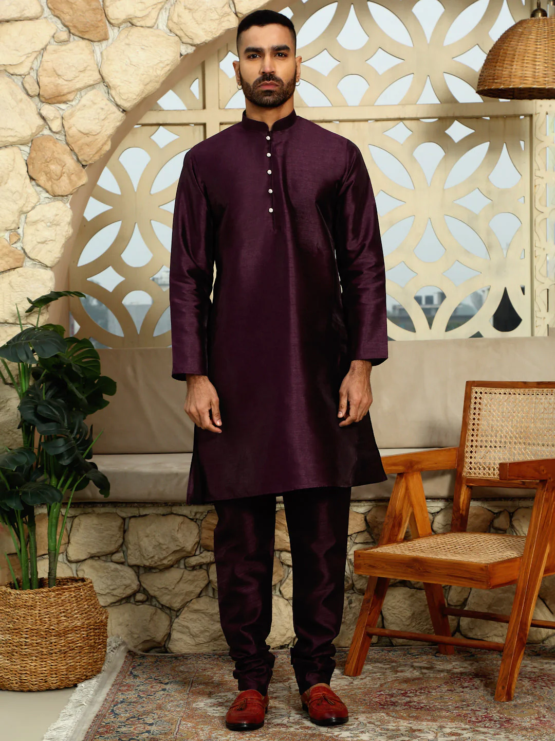 Silk Blend Solid Purple Kurta Churidar With Sleeveless Floral Printed Nehru Jacket set - Image 4