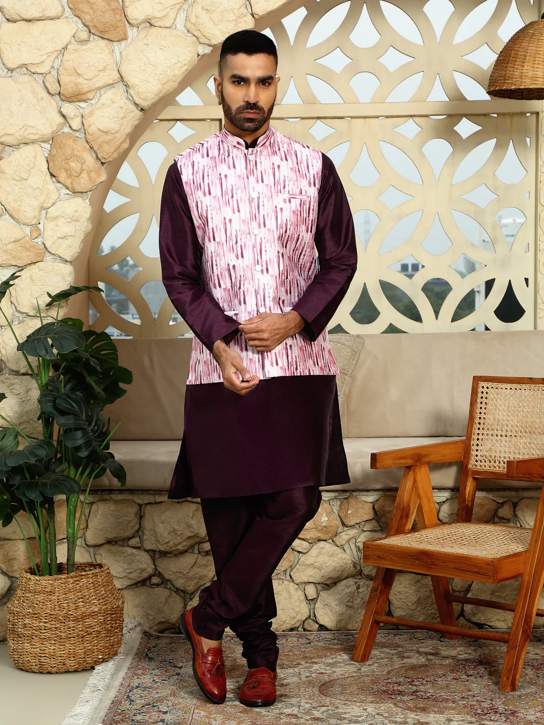 Silk Blend Solid Purple Kurta Churidar With Sleeveless tie-dye Nehru Jacket set - Image 7