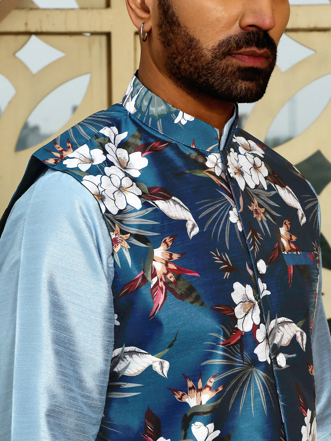 Silk Blend Solid Sky Blue Kurta Churidar With Sleeveless Floral Printed Nehru Jacket set - Image 3